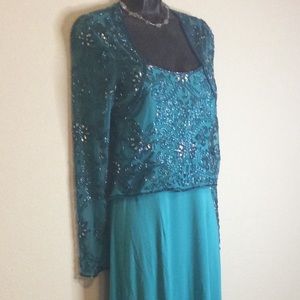 Vintage 1990s Aqua Mermaid Beaded Gown Jovani 10